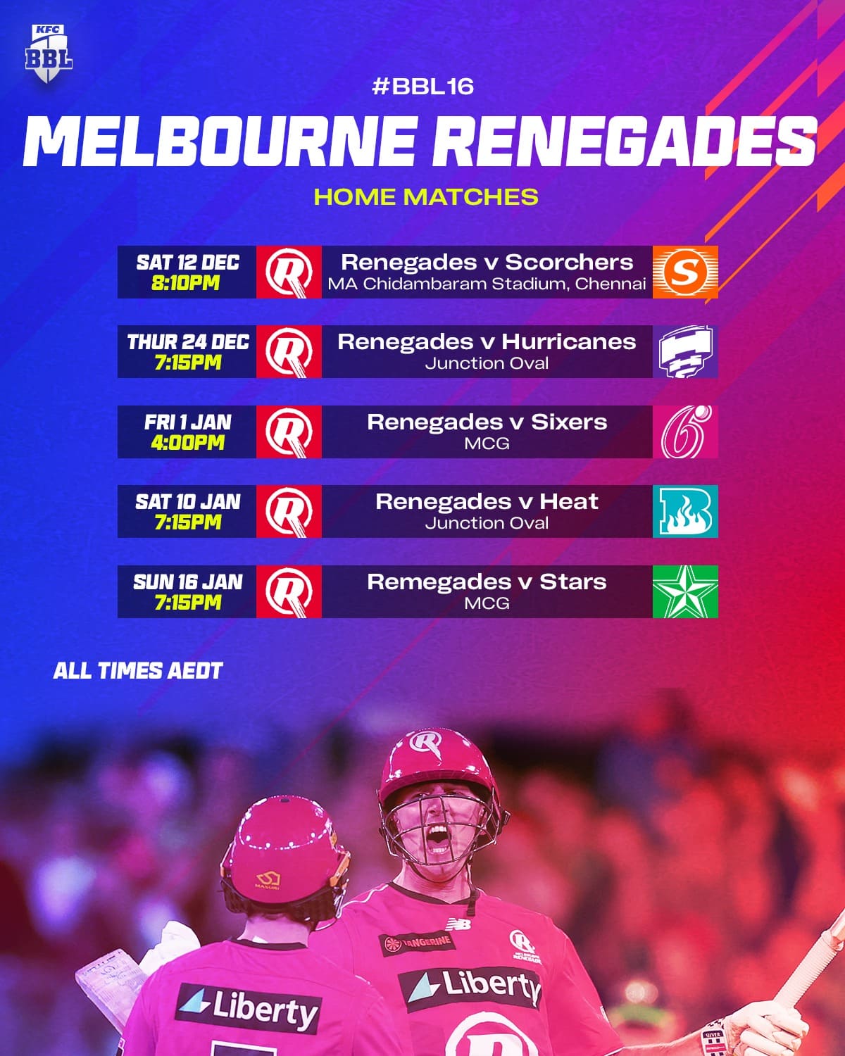 MELBOURNE RENEGADES BBL 16 SCHEDULE