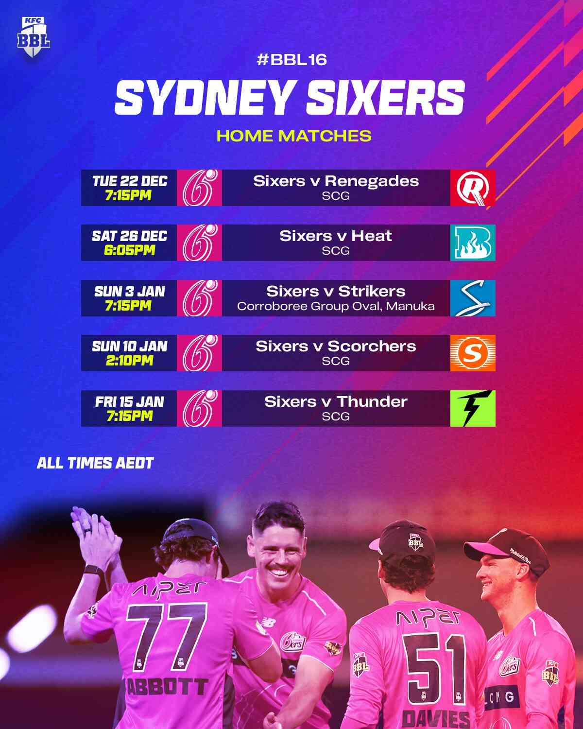 SYDNEY SIXERS BBL 16 SCHEDULE