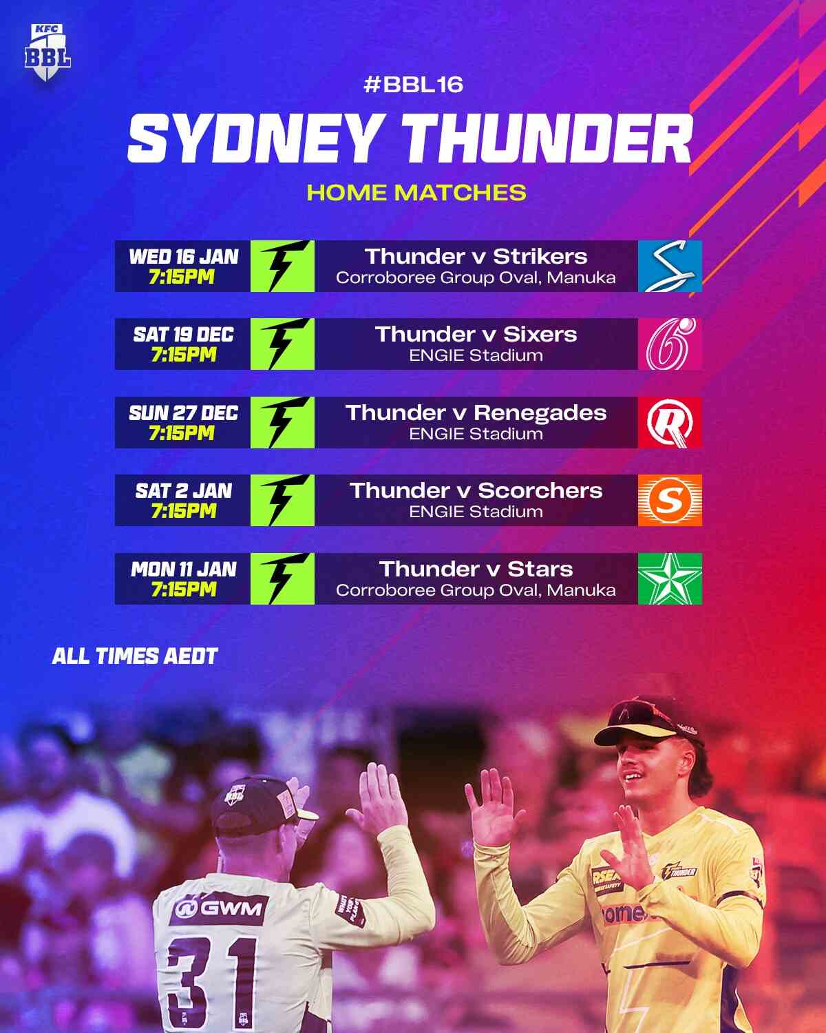 SYDNEY THUNDER BBL 16 SCHEDULE